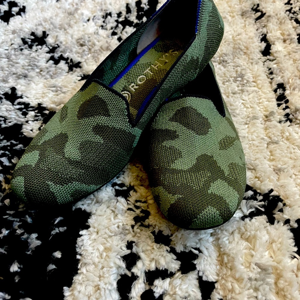 Like new Camo Rothy’s that are super cute and comfy and the right pop of color!